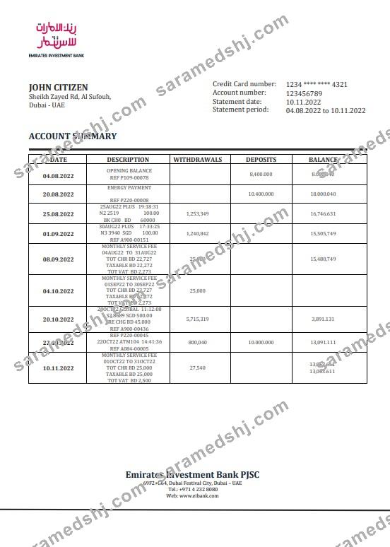 United Arab Emirates Investment Bank statement template in Word and PDF format